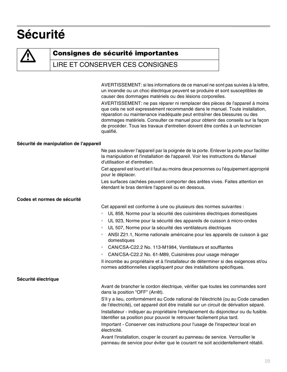 Sécurité | Thermador POD302 User Manual | Page 29 / 44