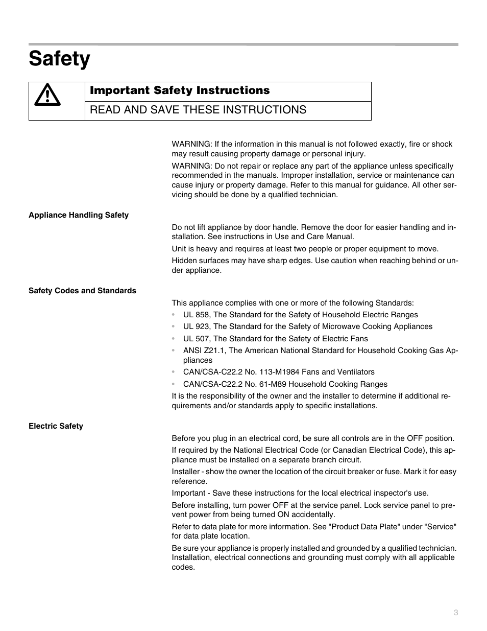 Safety, Appliance handling safety, Safety codes and standards | Electric safety, Seguridad, Seguridad con el manejo del electrodoméstico, Códigos y normas de seguridad, Seguridad con la electricidad, Sécurité, Sécurité de manipulation de l'appareil | Thermador POD302 User Manual | Page 3 / 44