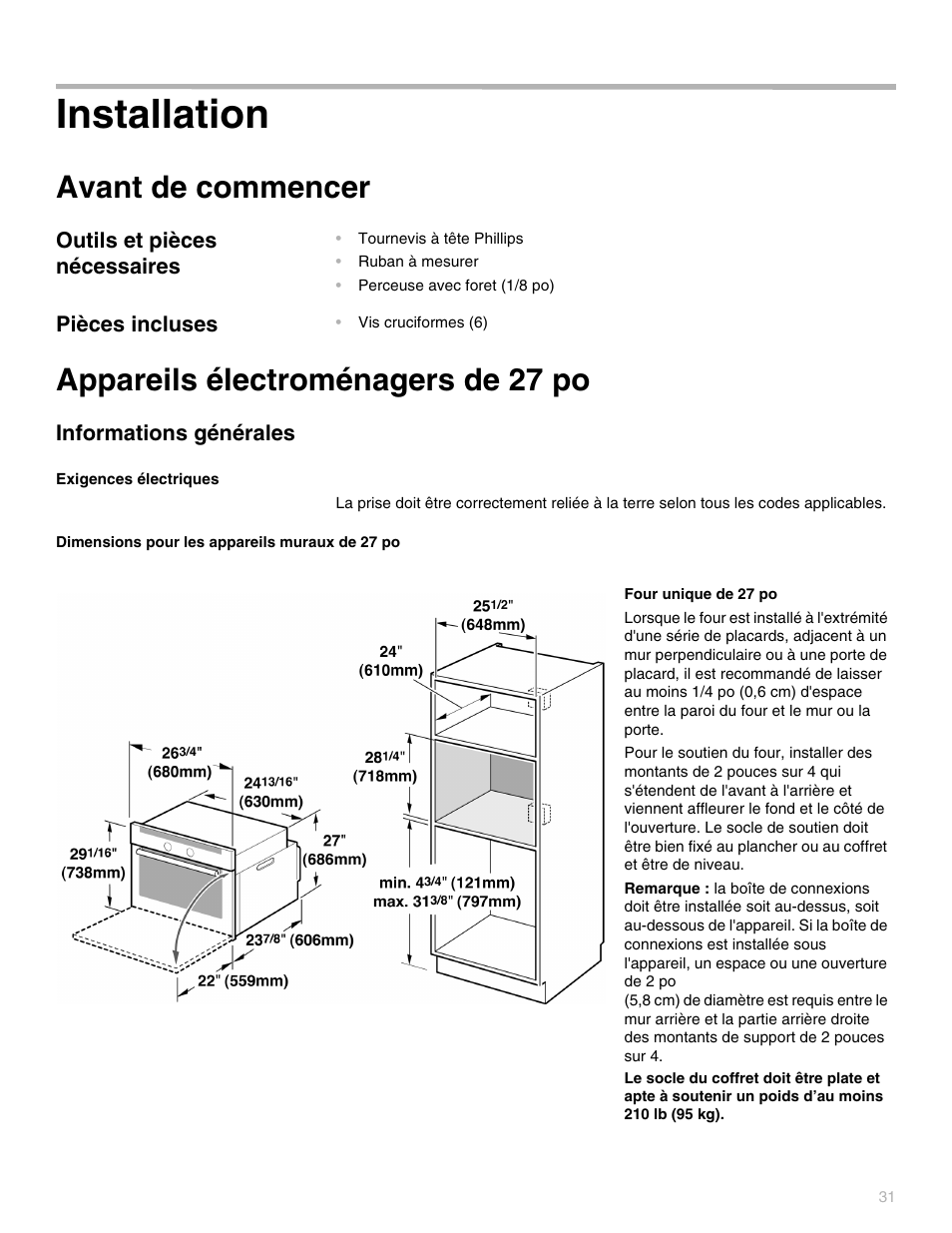 Installation, Avant de commencer, Appareils électroménagers de 27 po | Thermador POD302 User Manual | Page 31 / 44