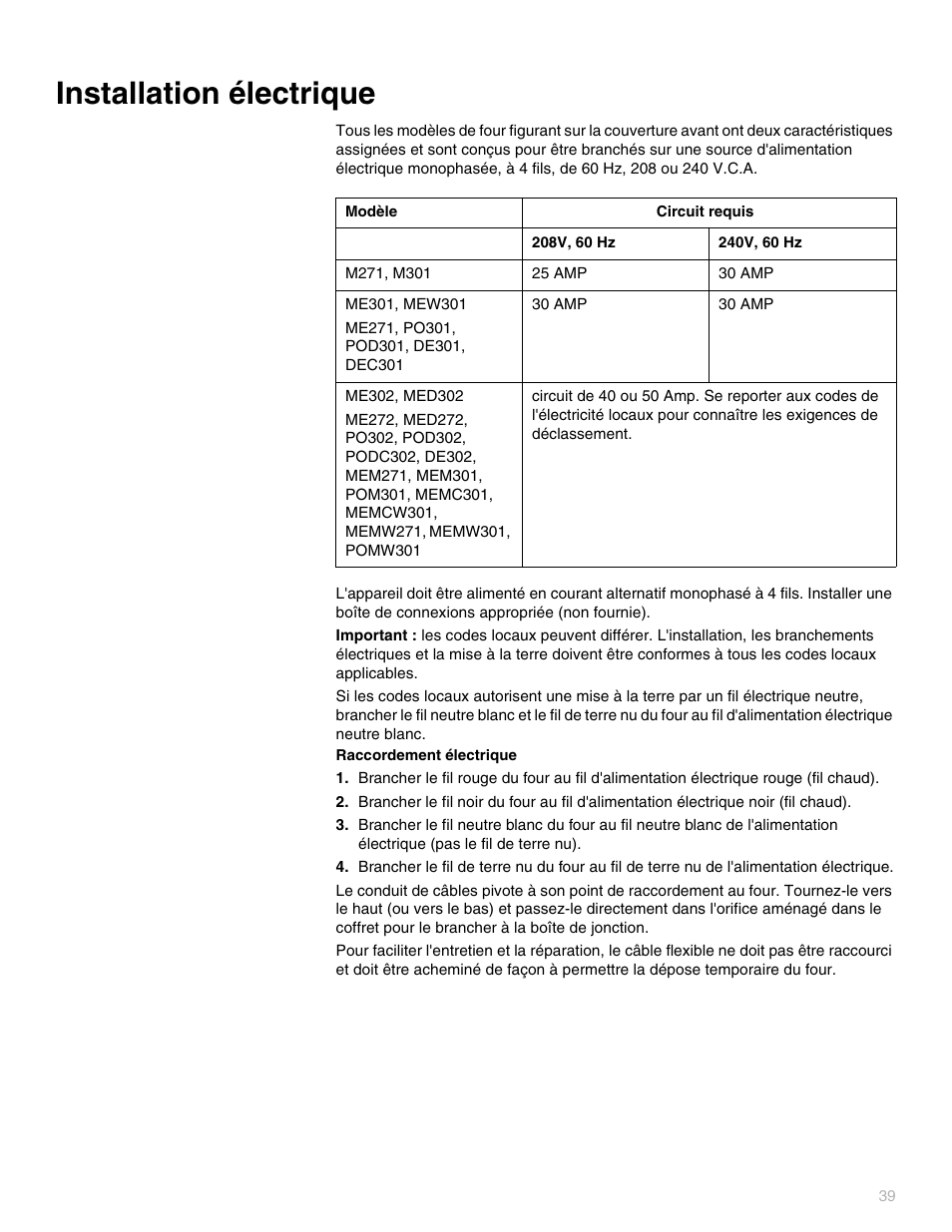 Installation électrique | Thermador POD302 User Manual | Page 39 / 44