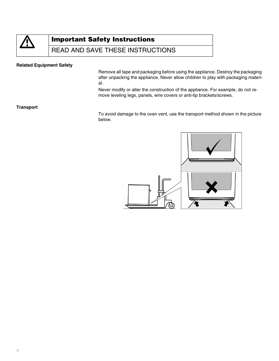 Related equipment safety, Transport, Seguridad de los equipos relacionados | Sécurité apparentée concernant l'équipement | Thermador POD302 User Manual | Page 4 / 44