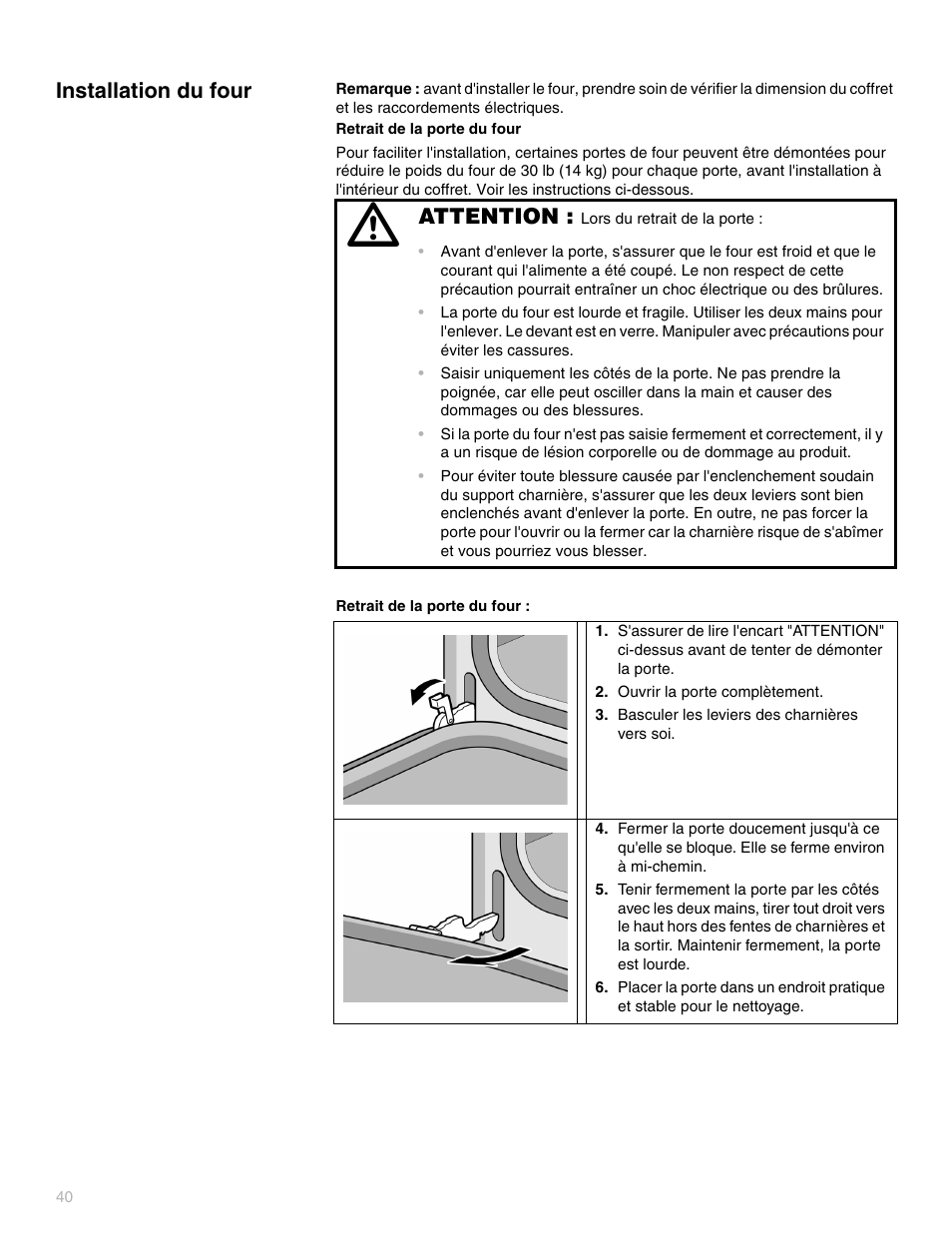 Installation du four, Attention | Thermador POD302 User Manual | Page 40 / 44