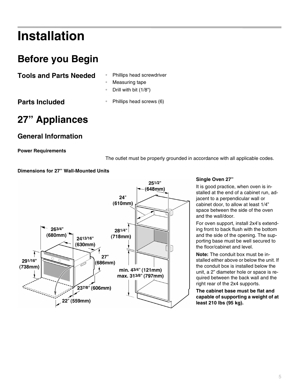 Installation, Before you begin, Tools and parts needed | Parts included, 27” appliances, General information, Power requirements, Dimensions for 27” wall-mounted units, Instalación, Antes de empezar | Thermador POD302 User Manual | Page 5 / 44