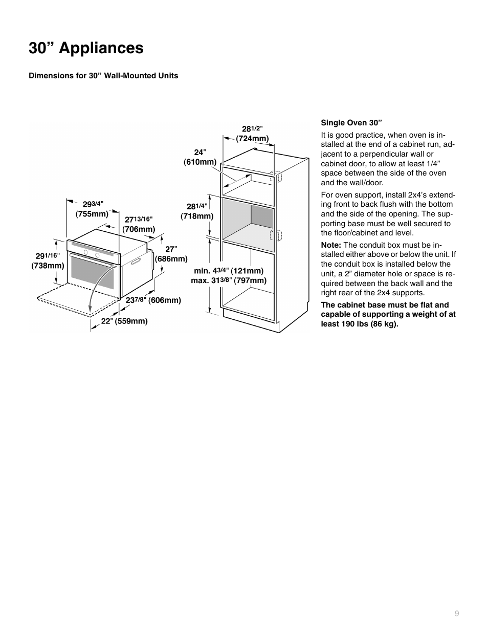 30” appliances, Dimensions for 30” wall-mounted units, Electrodomésticos de 30 | Dimensions pour les appareils muraux de 30 po | Thermador POD302 User Manual | Page 9 / 44