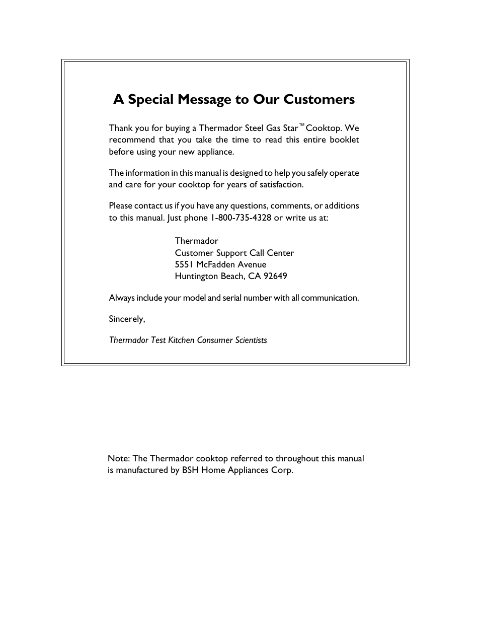 A special message to our customers | Thermador Gas Star SGSX365 User Manual | Page 2 / 16