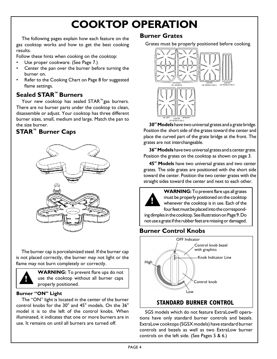 Cooktop operation, Burner control knobs, Burner grates | Star, Burner caps, Sealed star, Burners, Standard burner control | Thermador Gas Star SGSX365 User Manual | Page 6 / 16