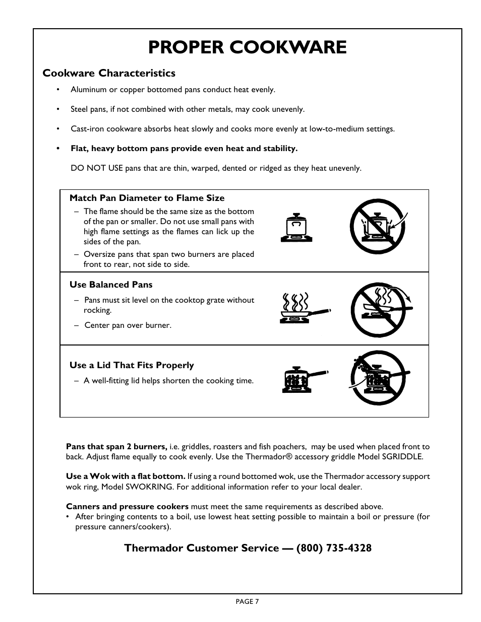 Proper cookware | Thermador Gas Star SGSX365 User Manual | Page 9 / 16