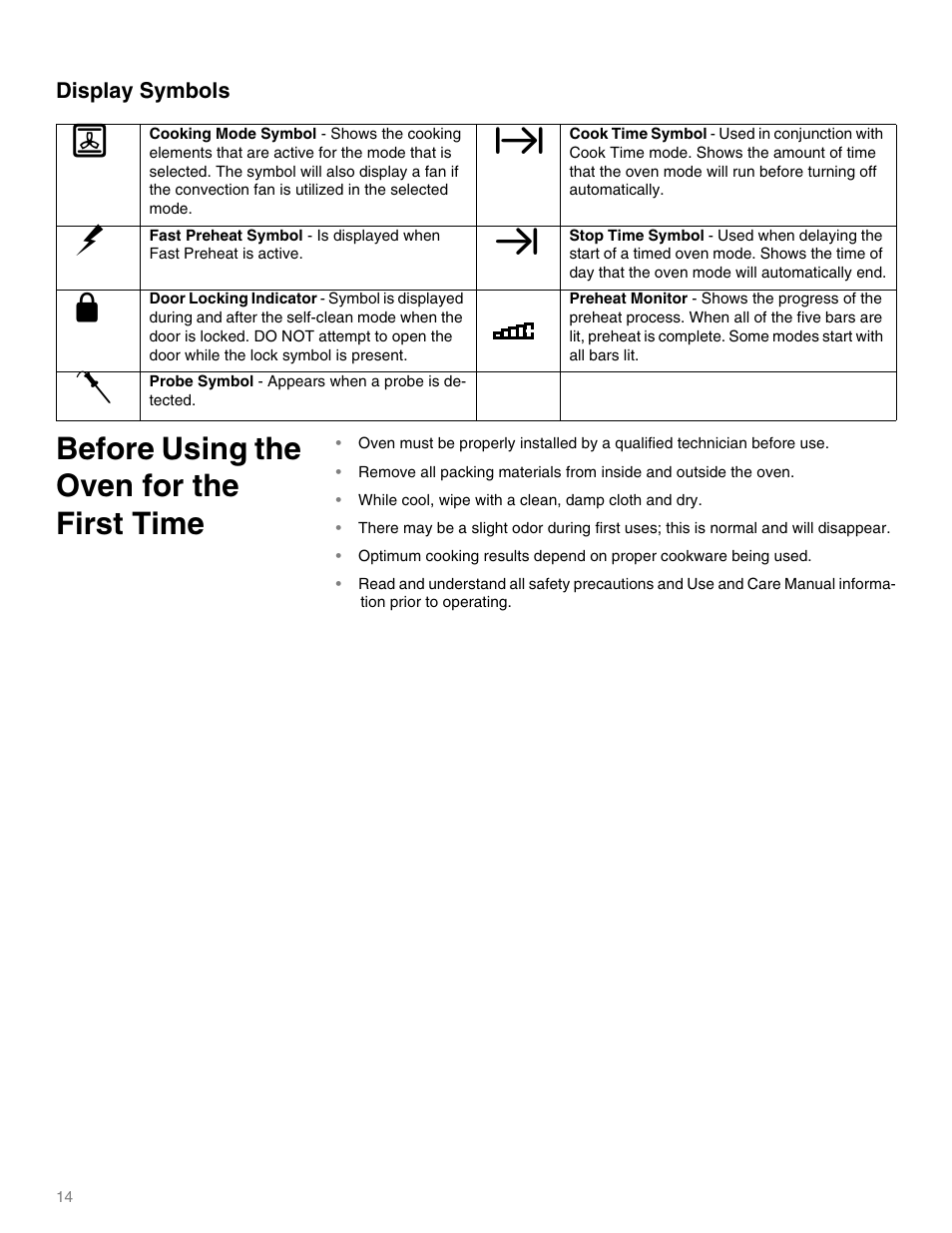 Probe symbol - appears when a probe is detected, Before using the oven for the first time | Thermador MEMW271 User Manual | Page 14 / 52