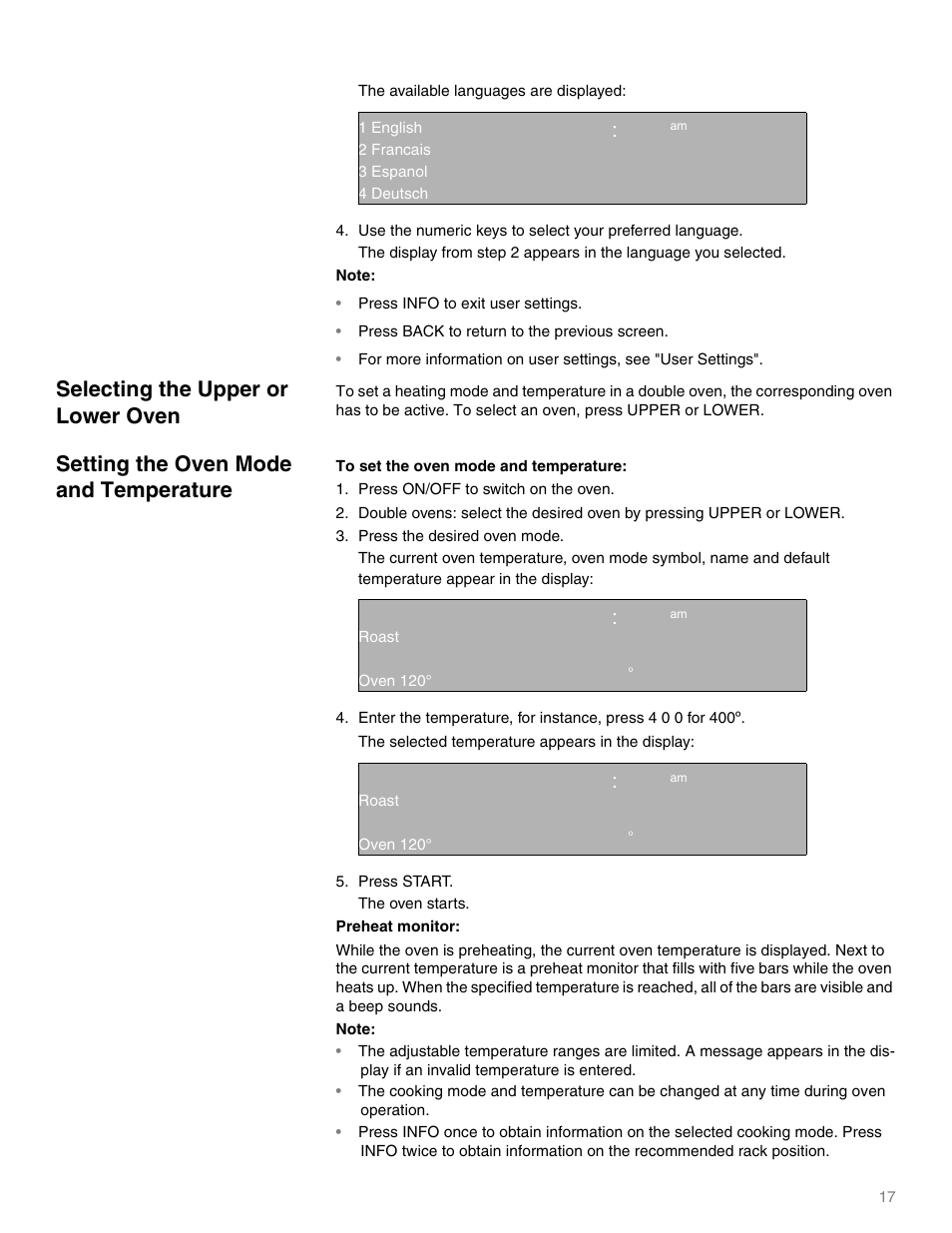 Qq ep, Selecting the upper or lower oven, Setting the oven mode and temperature | Thermador MEMW271 User Manual | Page 17 / 52