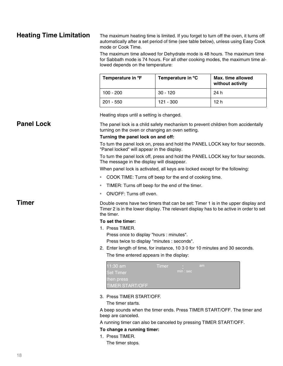 Qp ep, Heating time limitation, Panel lock | Timer | Thermador MEMW271 User Manual | Page 18 / 52