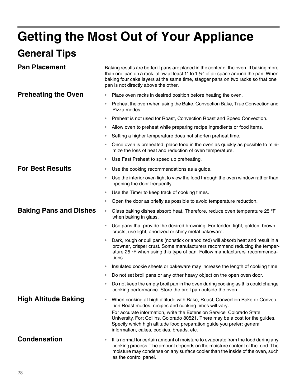 Getting the most out of your appliance, General tips, Pan placement | Preheating the oven, For best results, Baking pans and dishes, High altitude baking, Condensation | Thermador MEMW271 User Manual | Page 28 / 52