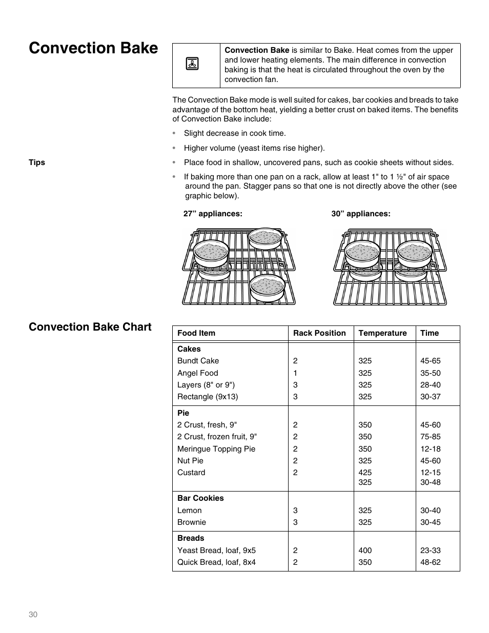 Convection bake, Convection bake chart | Thermador MEMW271 User Manual | Page 30 / 52