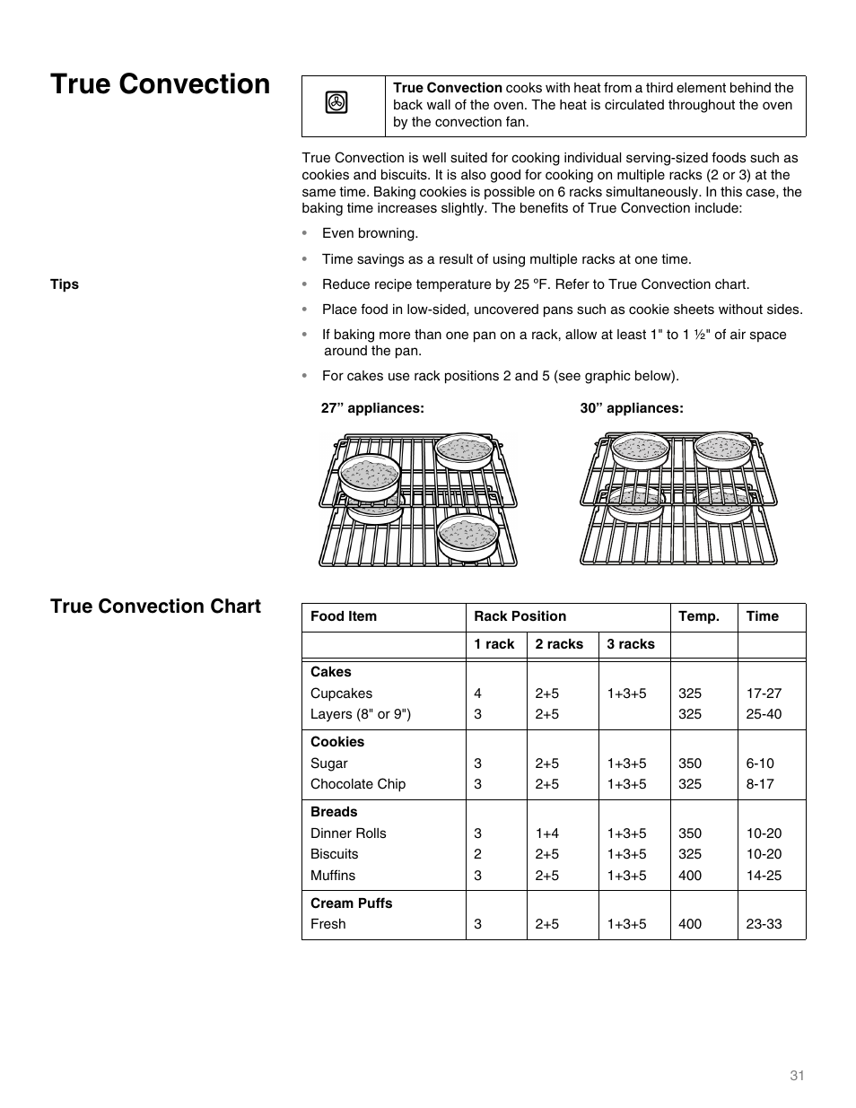 True convection, True convection chart | Thermador MEMW271 User Manual | Page 31 / 52