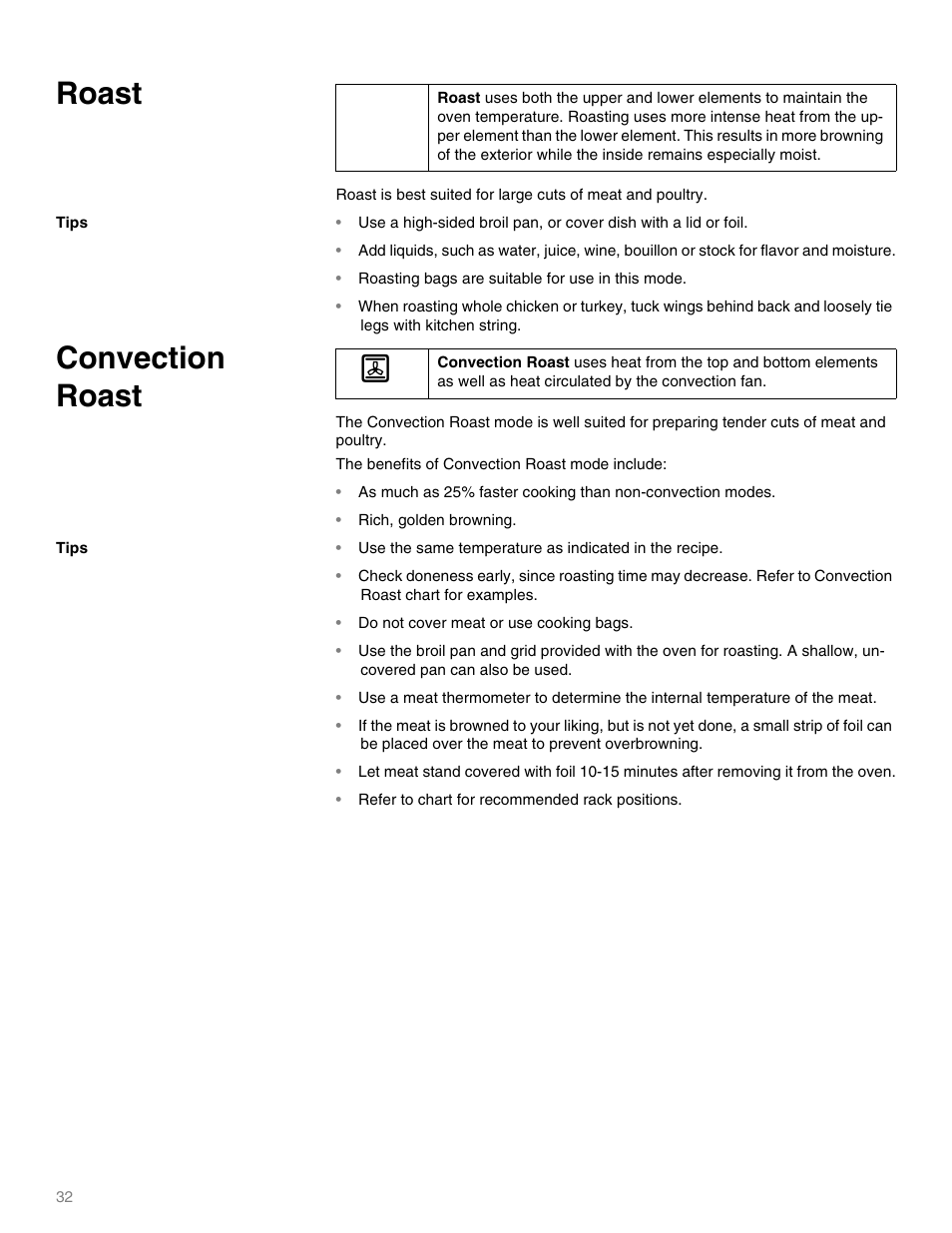 Roast, Convection roast | Thermador MEMW271 User Manual | Page 32 / 52