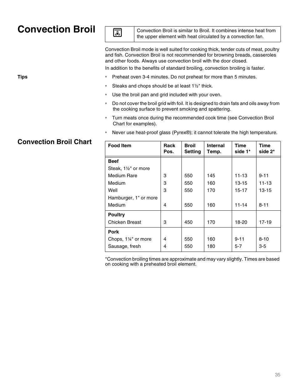 Convection broil, Convection broil chart | Thermador MEMW271 User Manual | Page 35 / 52