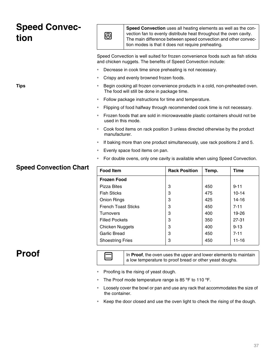 Speed convec- tion, Proof, Speed convection chart | Thermador MEMW271 User Manual | Page 37 / 52