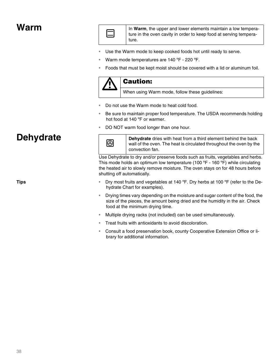 Warm, Dehydrate | Thermador MEMW271 User Manual | Page 38 / 52