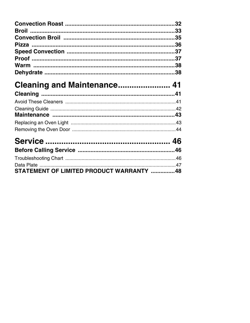 Convection roast 32, Broil 33, Convection broil 35 | Pizza 36, Speed convection 37, Proof 37, Warm 38, Dehydrate 38, Cleaning and maintenance 41, Cleaning 41 | Thermador MEMW271 User Manual | Page 4 / 52