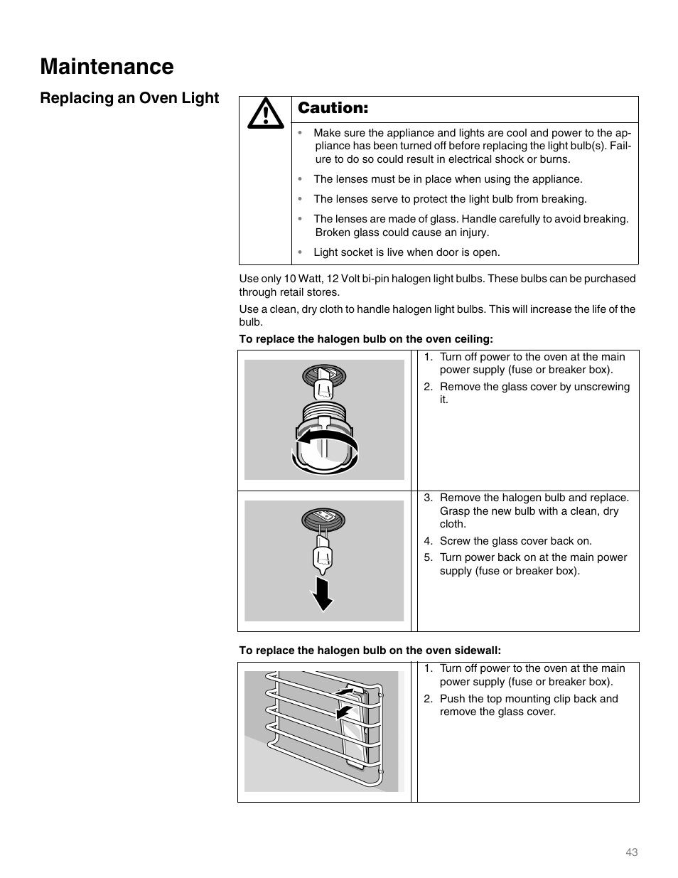 Maintenance, Replacing an oven light, Caution | Thermador MEMW271 User Manual | Page 43 / 52