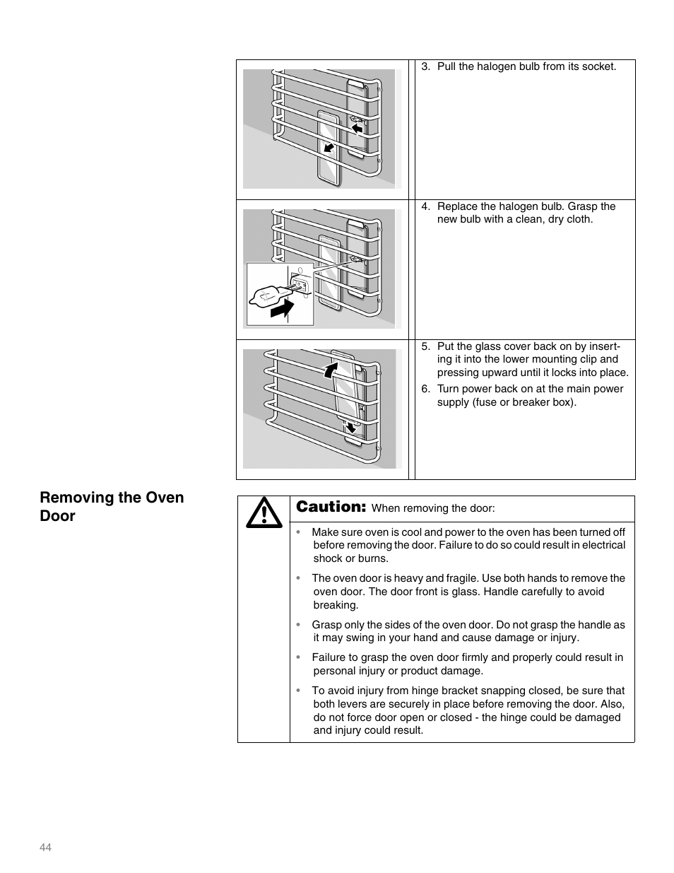 Removing the oven door, Caution | Thermador MEMW271 User Manual | Page 44 / 52