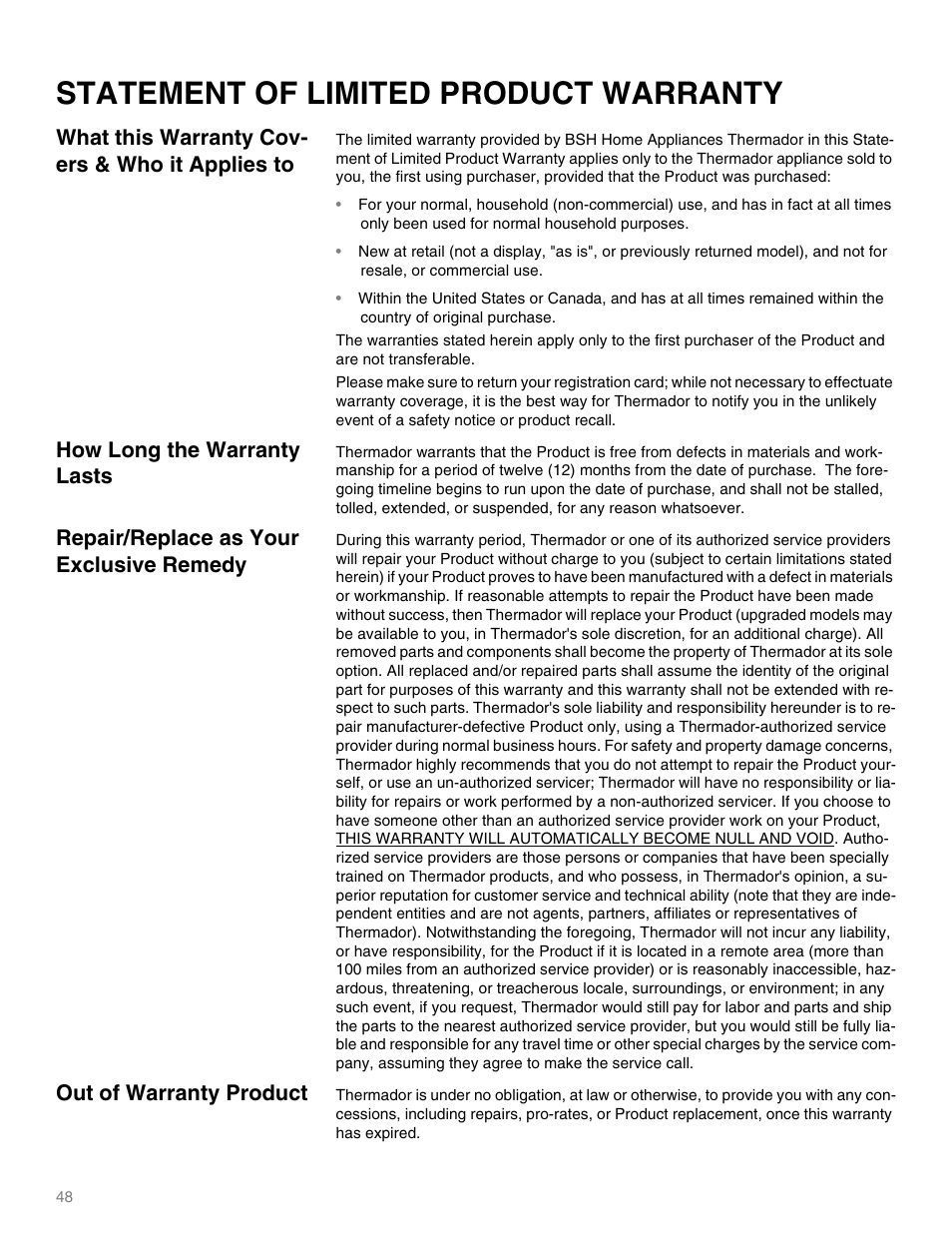 Statement of limited product warranty, What this warranty cov- ers & who it applies to, How long the warranty lasts | Repair/replace as your exclusive remedy, Out of warranty product | Thermador MEMW271 User Manual | Page 48 / 52