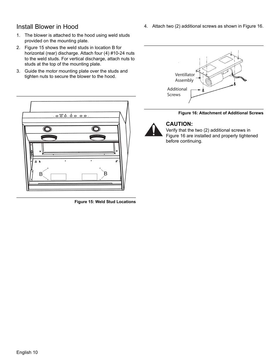 Install blower in hood, Figure 15: weld stud locations, Figure 16: attachment of additional screws | Caution | Thermador PROFESSIONAL PH PH54 User Manual | Page 12 / 48