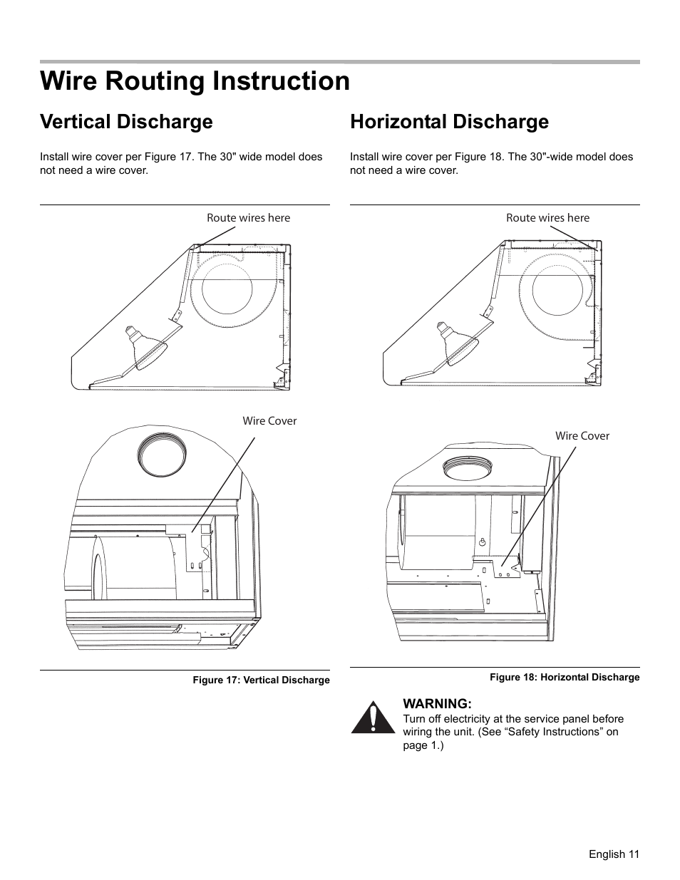 Wire routing instruction, Vertical discharge, Figure 17: vertical discharge | Horizontal discharge, Figure 18: horizontal discharge, Warning | Thermador PROFESSIONAL PH PH54 User Manual | Page 13 / 48