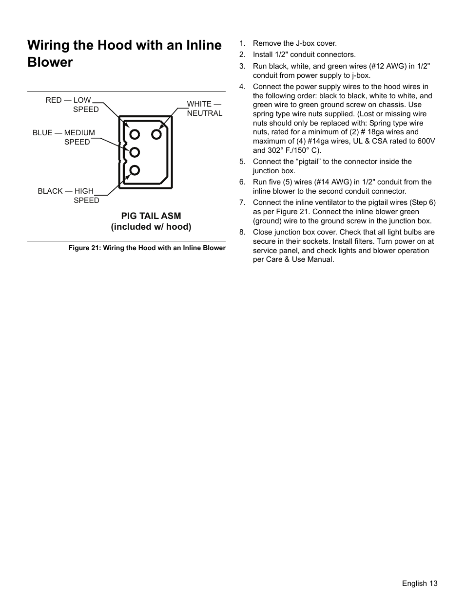 Wiring the hood with an inline blower, Figure 21: wiring the hood with an inline blower, Remove the j-box cover | Install 1/2" conduit connectors | Thermador PROFESSIONAL PH PH54 User Manual | Page 15 / 48