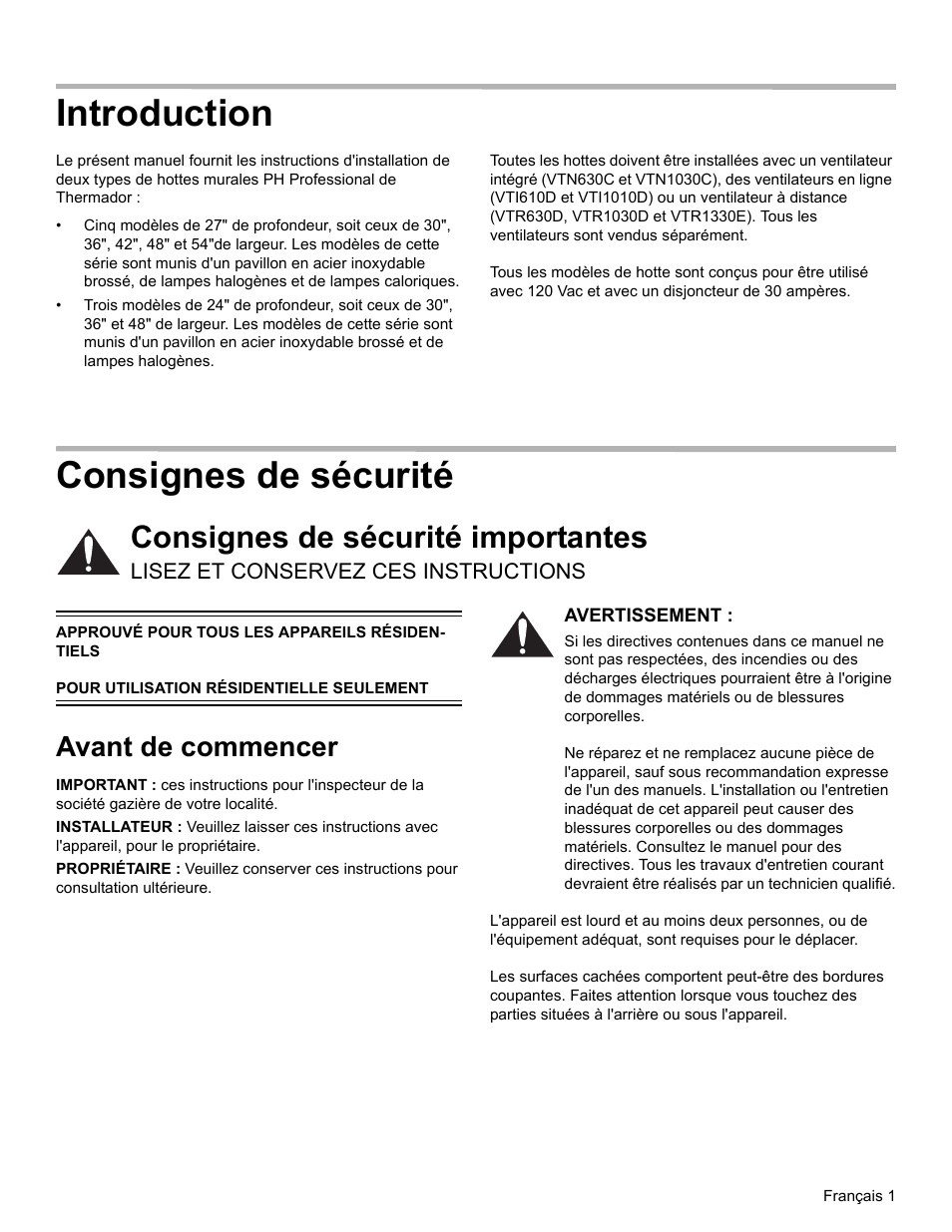 Introduction, Consignes de sécurité, Consignes de sécurité importantes | Lisez et conservez ces instructions, Avant de commencer, Avertissement | Thermador PROFESSIONAL PH PH54 User Manual | Page 17 / 48