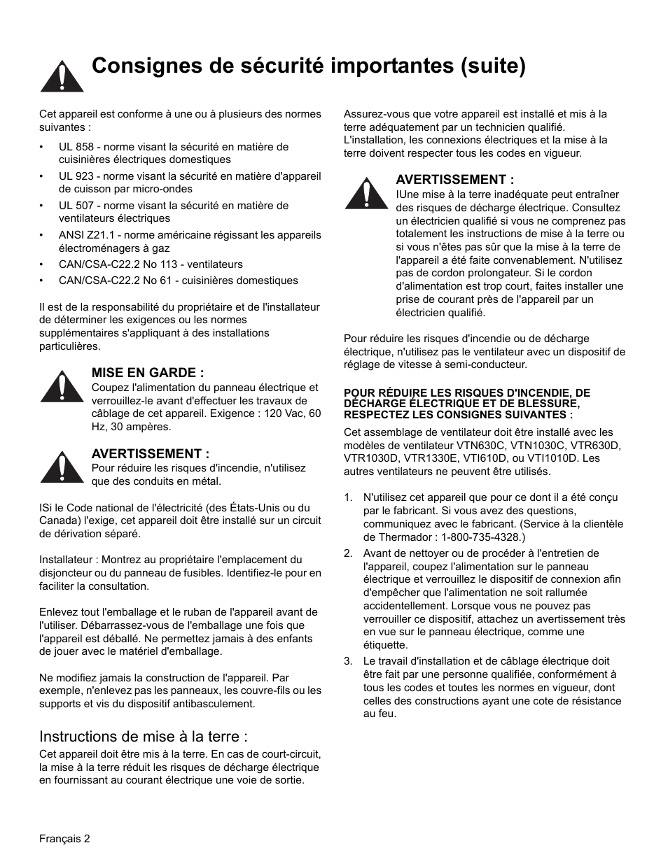 Consignes de sécurité importantes (suite), Mise en garde, Avertissement | Instructions de mise à la terre | Thermador PROFESSIONAL PH PH54 User Manual | Page 18 / 48