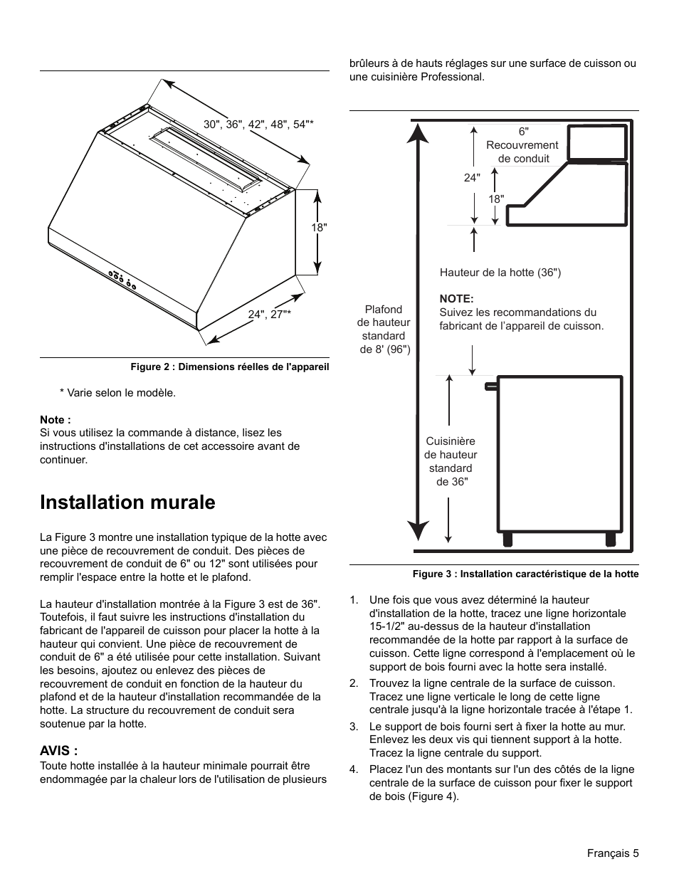 Figure 2 : dimensions réelles de l'appareil, Note, Installation murale | Avis | Thermador PROFESSIONAL PH PH54 User Manual | Page 21 / 48