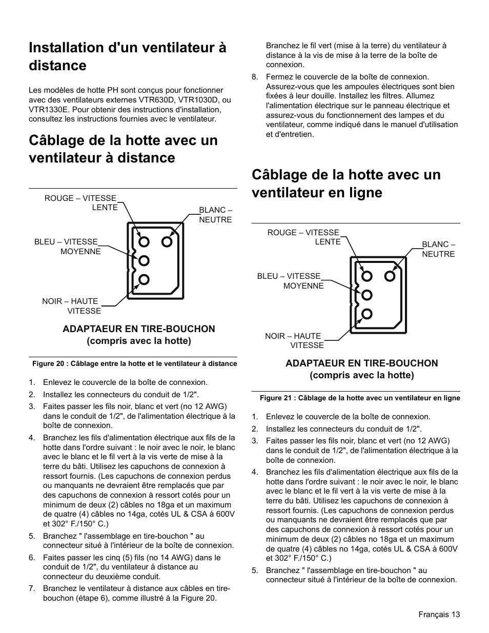 Installation d'un ventilateur à distance, Câblage de la hotte avec un ventilateur à distance, Enlevez le couvercle de la boîte de connexion | Installez les connecteurs du conduit de 1/2, Câblage de la hotte avec un ventilateur en ligne | Thermador PROFESSIONAL PH PH54 User Manual | Page 29 / 48