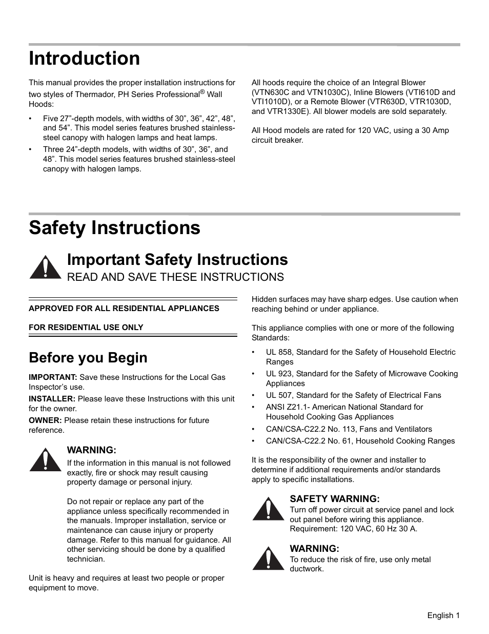 Introduction, Safety instructions, Important safety instructions | Read and save these instructions, Before you begin, Warning, Safety warning | Thermador PROFESSIONAL PH PH54 User Manual | Page 3 / 48