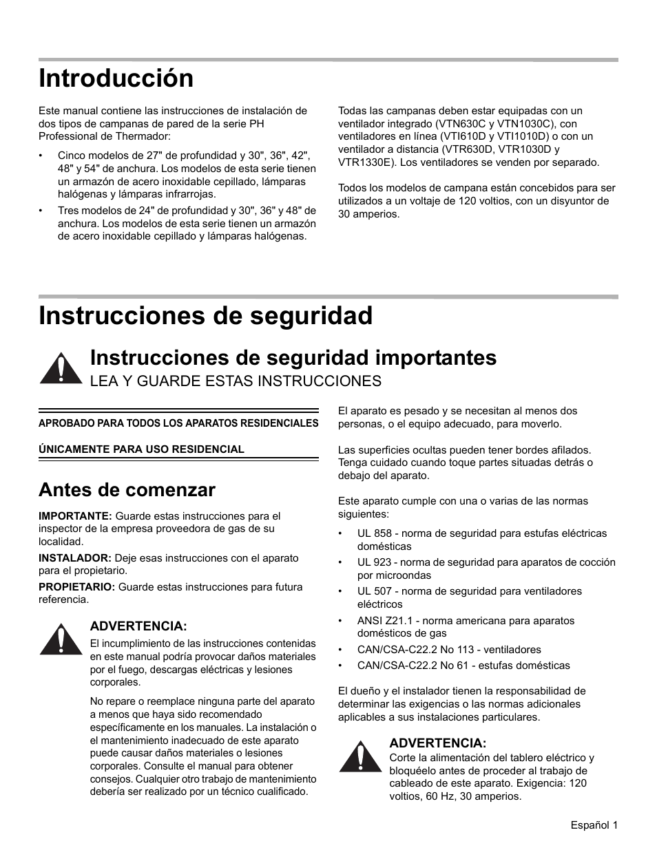 Introducción, Instrucciones de seguridad, Instrucciones de seguridad importantes | Lea y guarde estas instrucciones, Antes de comenzar, Advertencia | Thermador PROFESSIONAL PH PH54 User Manual | Page 33 / 48