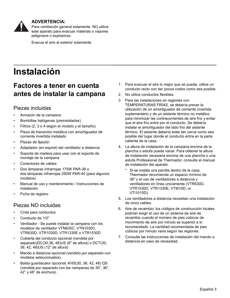 Advertencia, Instalación, Piezas incluidas | Piezas no incluidas, No utilice conductos flexibles | Thermador PROFESSIONAL PH PH54 User Manual | Page 35 / 48