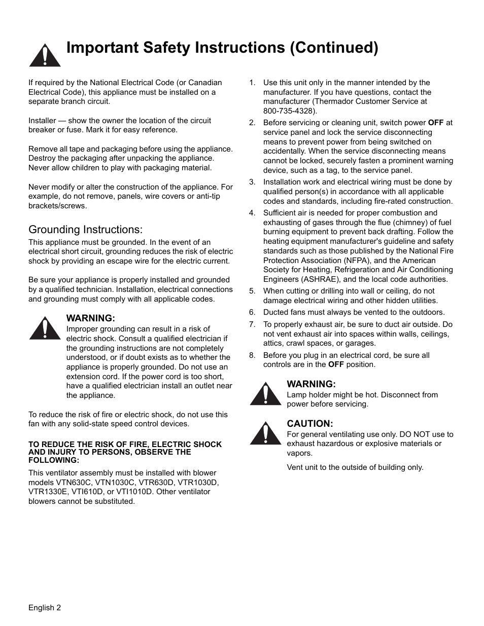 Important safety instructions (continued), Grounding instructions, Warning | Ducted fans must always be vented to the outdoors, Caution | Thermador PROFESSIONAL PH PH54 User Manual | Page 4 / 48