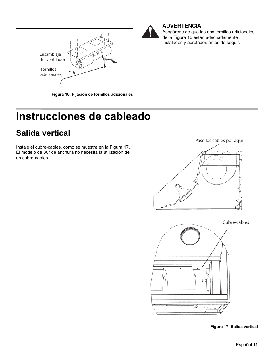 Figura 16: fijación de tornillos adicionales, Advertencia, Instrucciones de cableado | Salida vertical, Figura 17: salida vertical, Figura 16 | Thermador PROFESSIONAL PH PH54 User Manual | Page 43 / 48