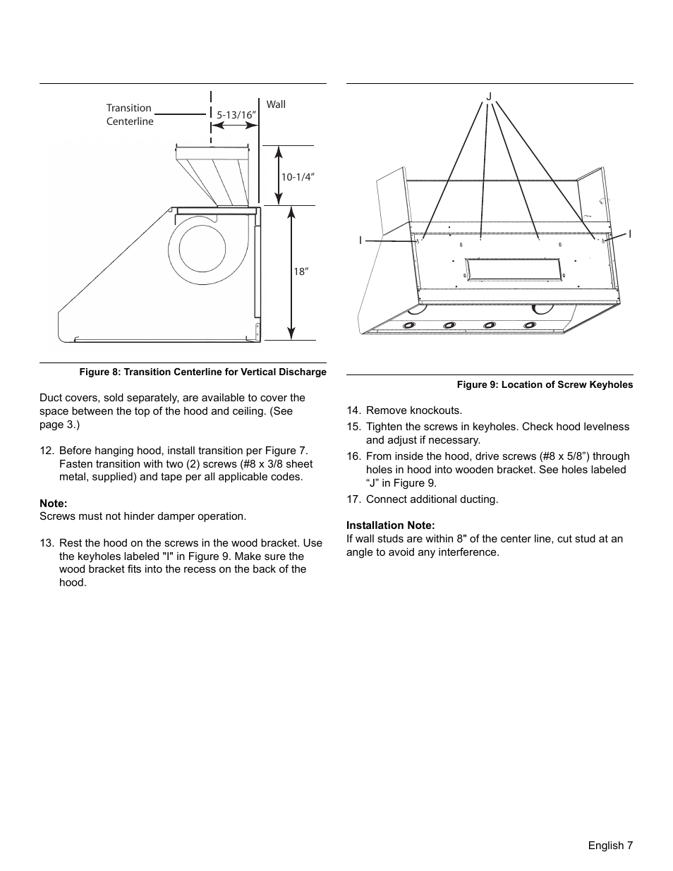 Note, Figure 9: location of screw keyholes, Remove knockouts | Connect additional ducting, Installation note, Figure 8 | Thermador PROFESSIONAL PH PH54 User Manual | Page 9 / 48