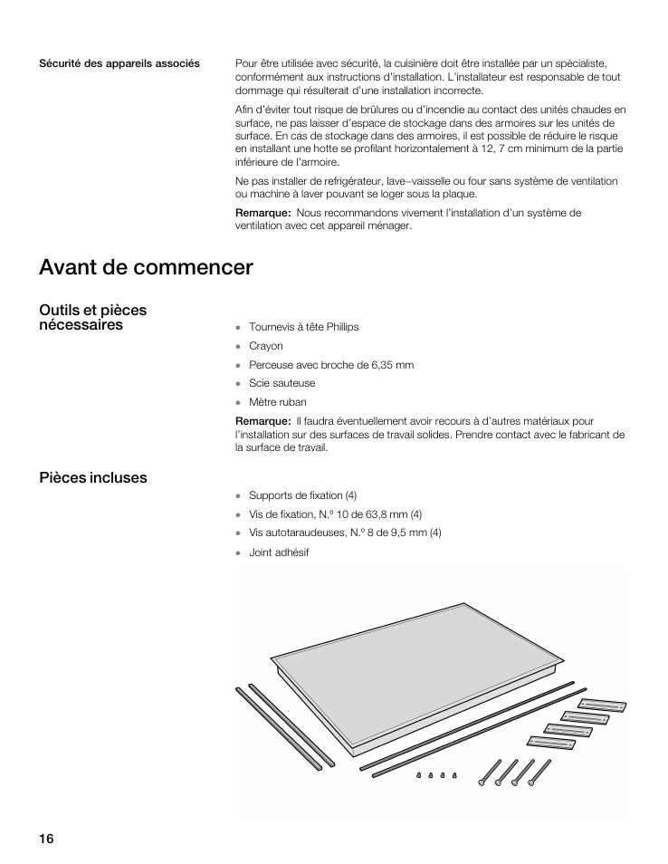 Avant de commencer, Outils et pièces nécessaires pièces incluses | Thermador CIT304 User Manual | Page 15 / 35