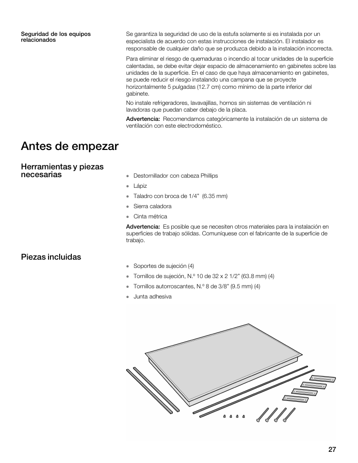 Antes de empezar, Herramientas y piezas necesarias piezas incluidas | Thermador CIT304 User Manual | Page 26 / 35