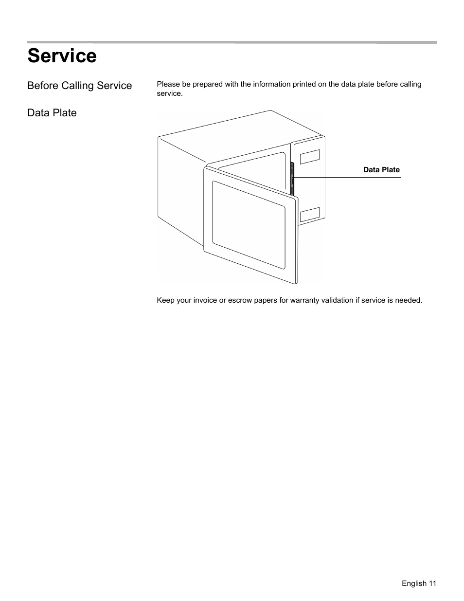 Service, Before calling service, Data plate | Thermador MET30E User Manual | Page 13 / 44