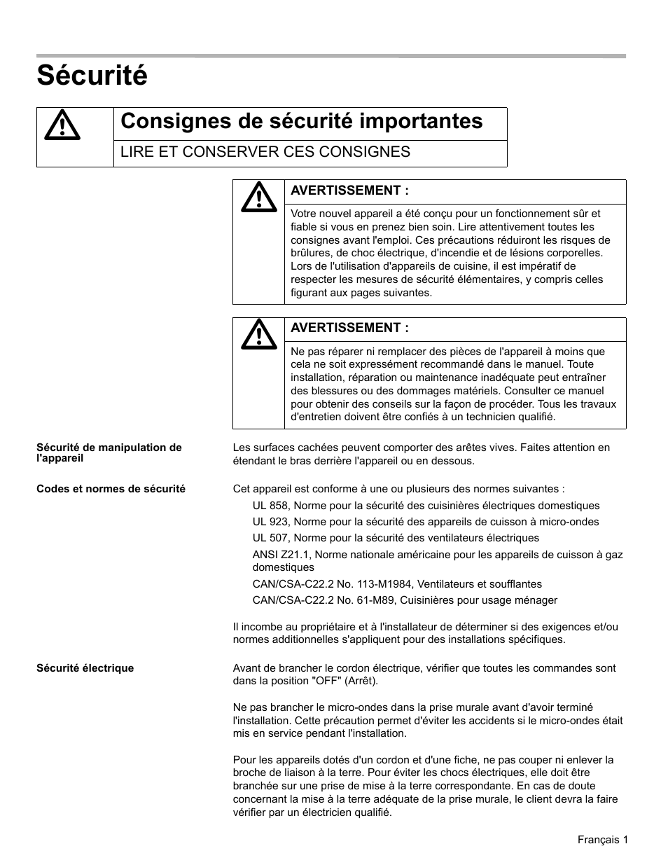 Sécurité, Consignes de sécurité importantes, Lire et conserver ces consignes | Sécurité de manipulation de l'appareil, Codes et normes de sécurité, Sécurité électrique | Thermador MET30E User Manual | Page 15 / 44