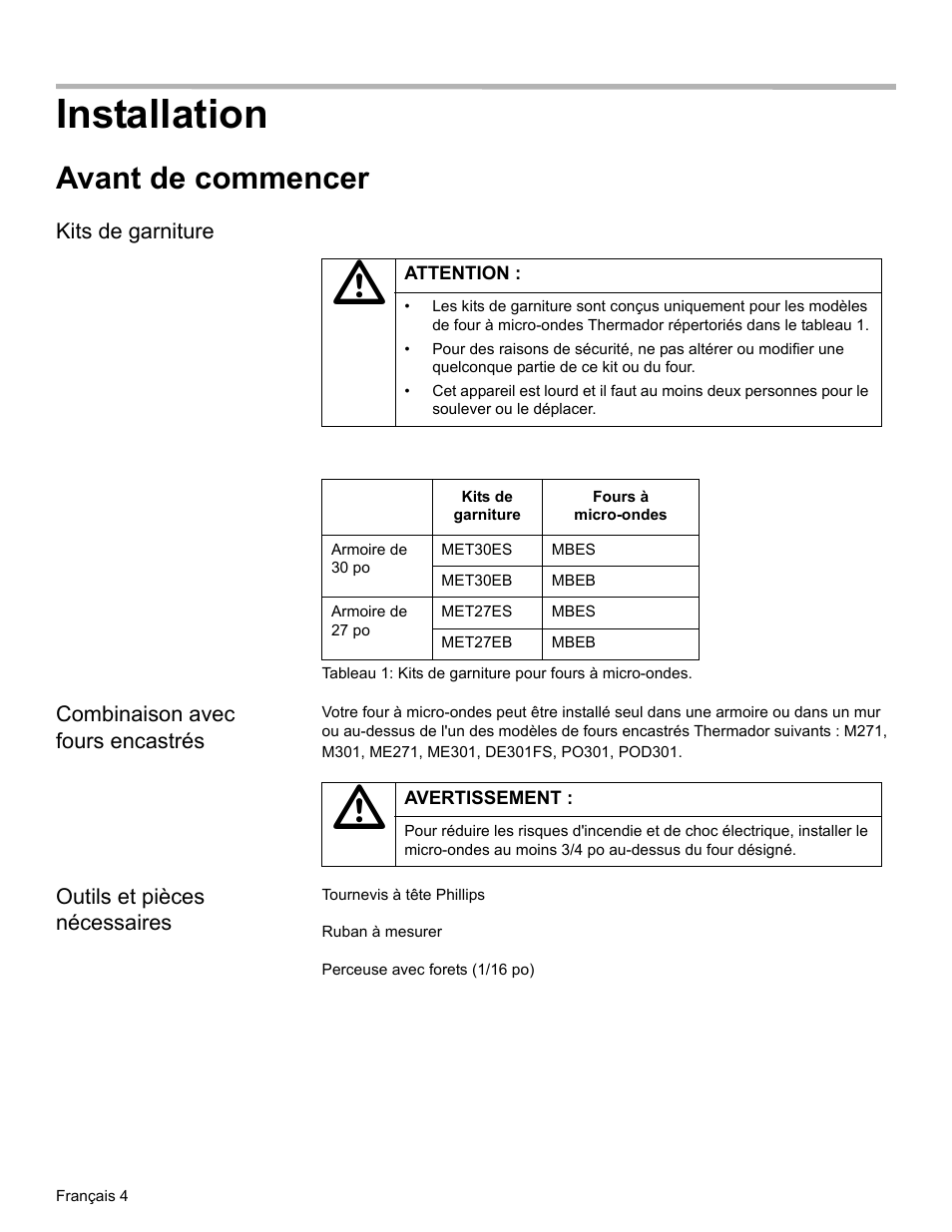 Installation, Avant de commencer, Kits de garniture | Combinaison avec fours encastrés, Outils et pièces nécessaires | Thermador MET30E User Manual | Page 18 / 44