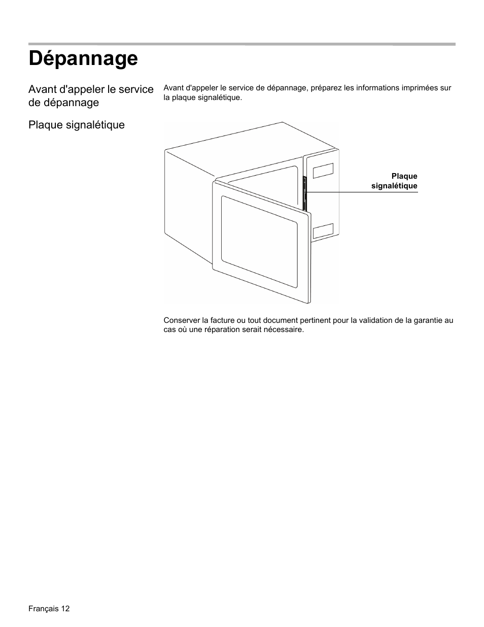 Dépannage, Avant d'appeler le service de dépannage, Plaque signalétique | Thermador MET30E User Manual | Page 26 / 44