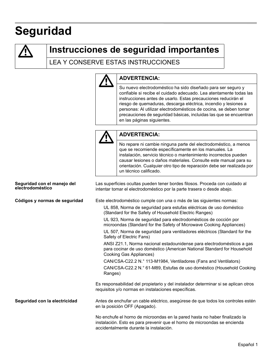 Seguridad, Instrucciones de seguridad importantes, Lea y conserve estas instrucciones | Seguridad con el manejo del electrodoméstico, Códigos y normas de seguridad, Seguridad con la electricidad | Thermador MET30E User Manual | Page 29 / 44
