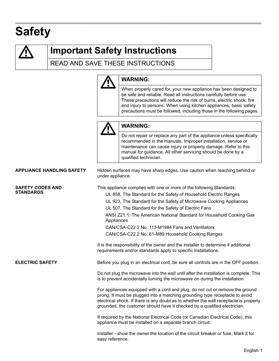 Safety, Important safety instructions, Read and save these instructions | Appliance handling safety, Safety codes and standards, Electric safety | Thermador MET30E User Manual | Page 3 / 44