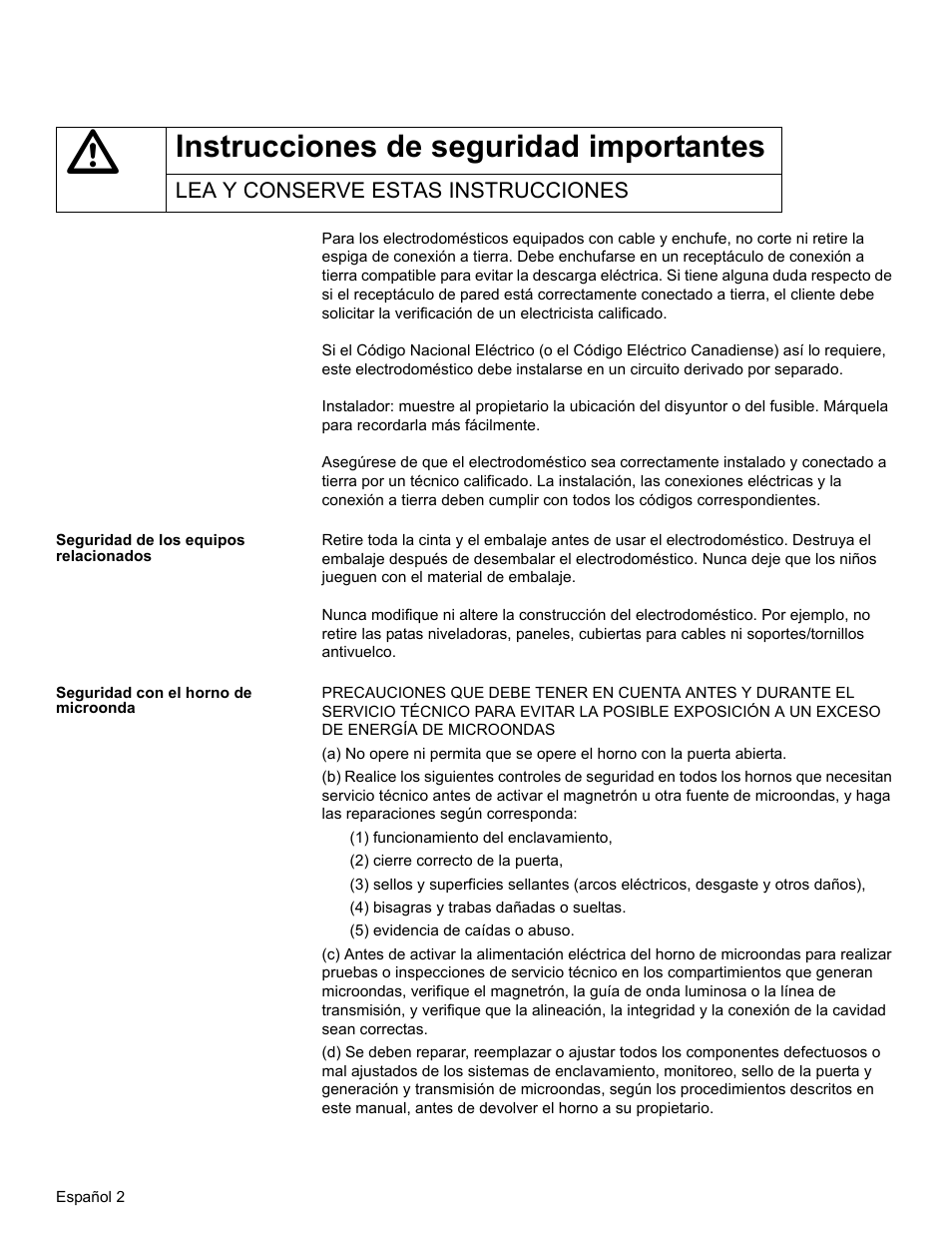 Lea y conserve estas instrucciones, Seguridad de los equipos relacionados, Seguridad con el horno de microonda | Instrucciones de seguridad importantes | Thermador MET30E User Manual | Page 30 / 44