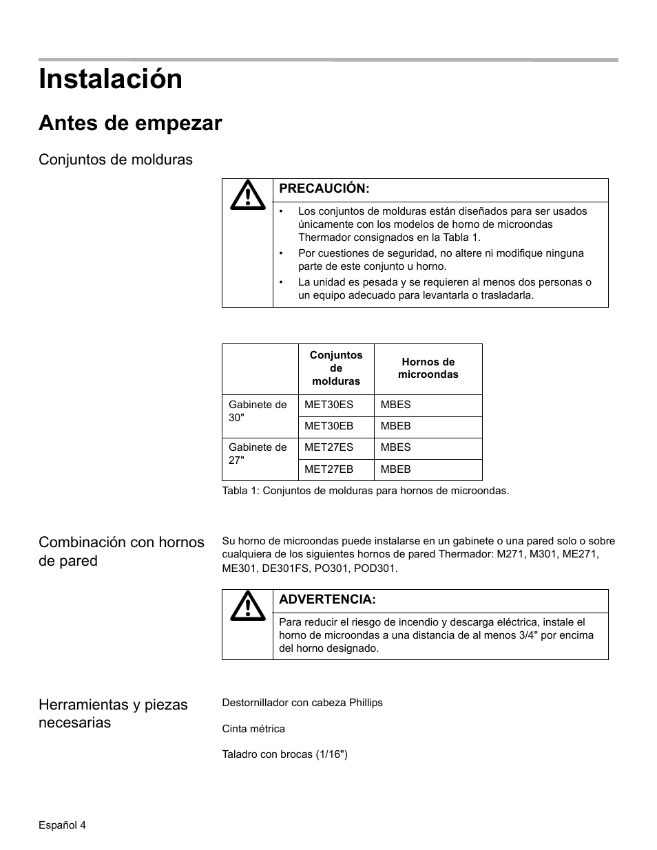 Instalación, Antes de empezar, Conjuntos de molduras | Combinación con hornos de pared, Herramientas y piezas necesarias | Thermador MET30E User Manual | Page 32 / 44