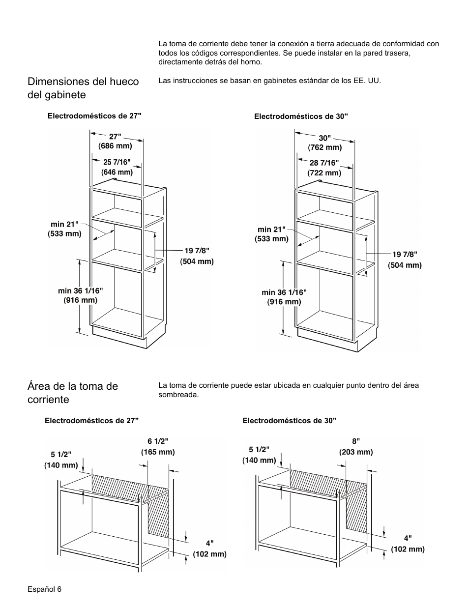 Dimensiones del hueco del gabinete, Área de la toma de corriente | Thermador MET30E User Manual | Page 34 / 44