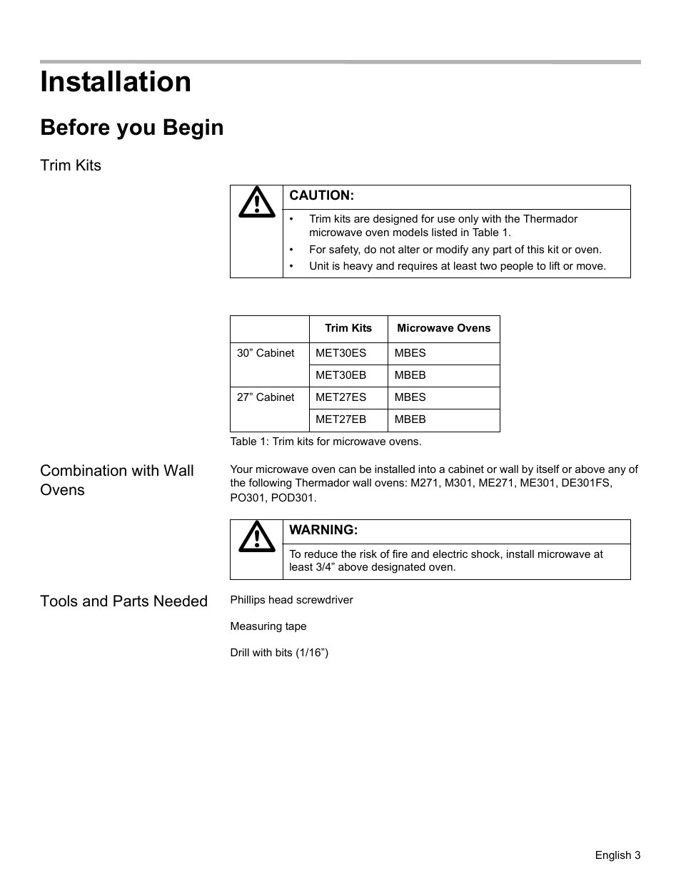 Installation, Before you begin, Trim kits | Table 1: trim kits for microwave ovens, Combination with wall ovens, Tools and parts needed | Thermador MET30E User Manual | Page 5 / 44